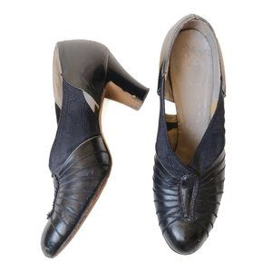 vintage retro 1930s/40s dark navy blue round-toe leather heels w cut-out sides